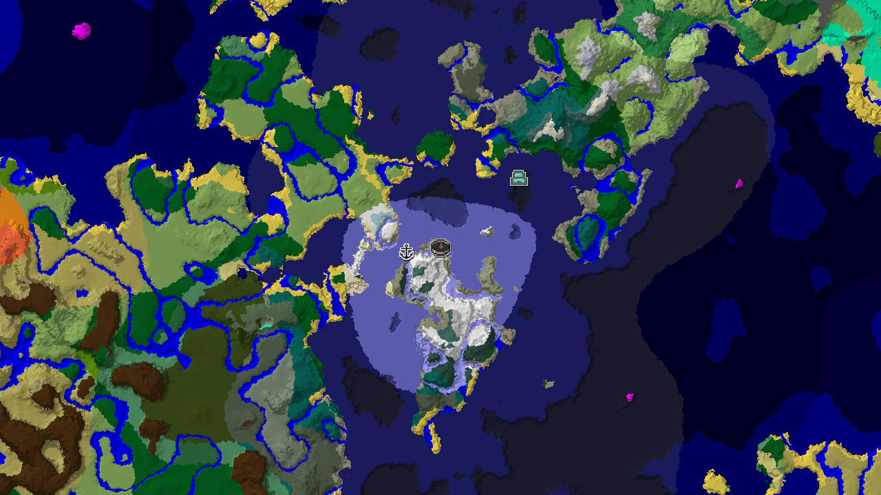 A top-down 2D biome map centered on the spawn point, marked, with markers indicating nearby structures.