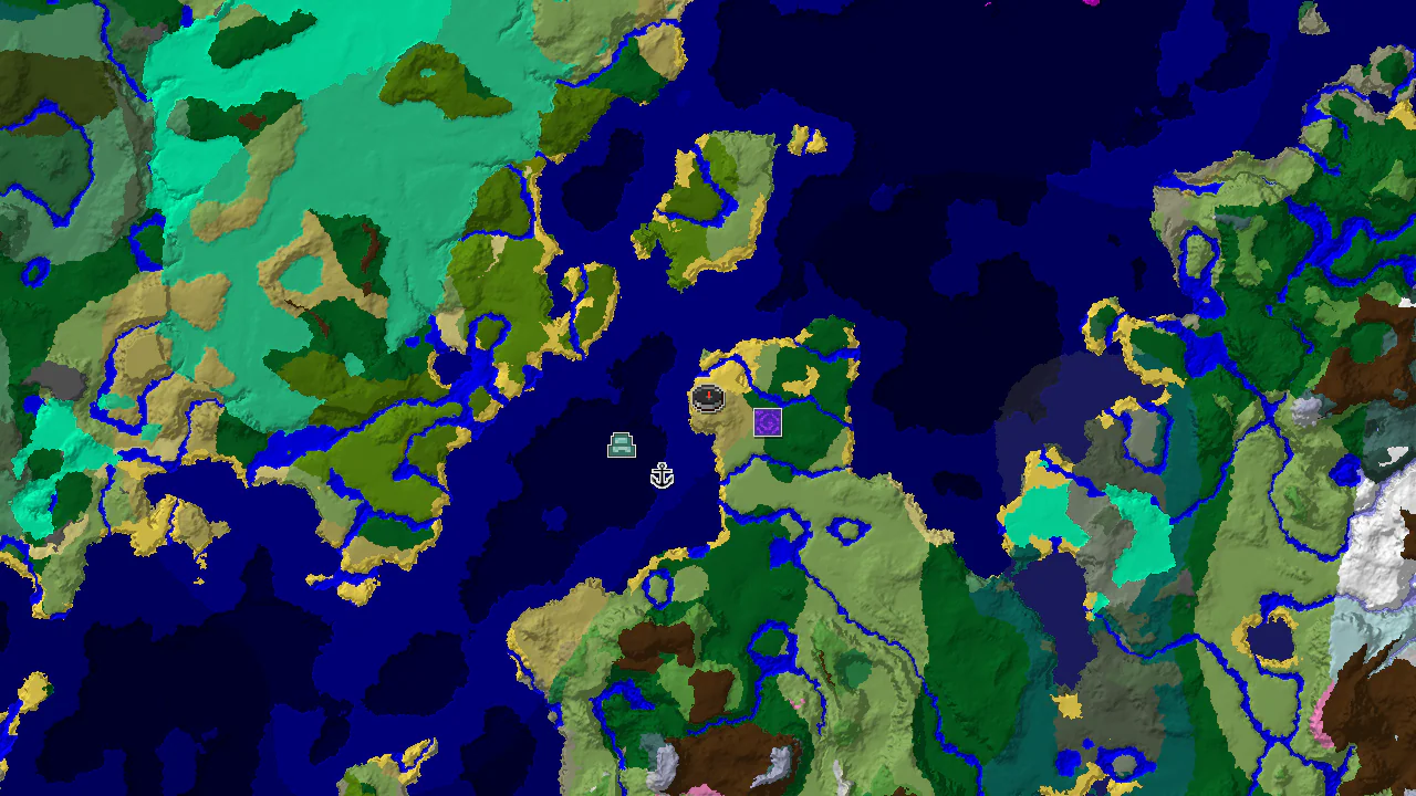 A 2D biome map centered on the spawn point, showing Savanna, Lukewarm Ocean, and other biomes with markers for a Ruined Portal, Shipwreck, and Ocean Monument.