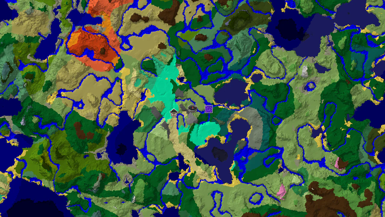 A 2D top-down biome map centered on the spawn point, with markers for a Ruined Portal and a Witch Hut.