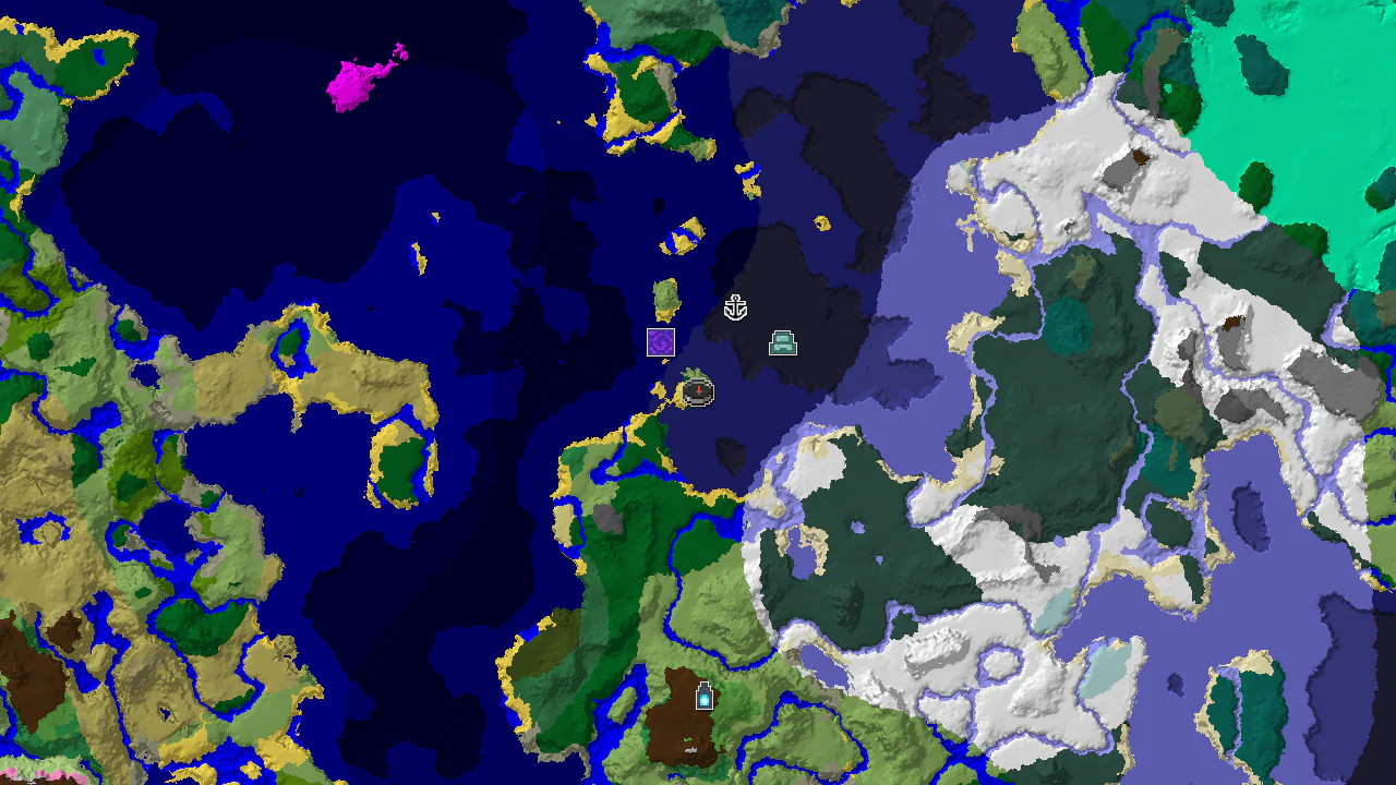 A 2D biome map centered on spawn, showing forest, ocean, and snowy biomes, with markers for a Ruined Portal, Shipwreck, and Ocean Monument.