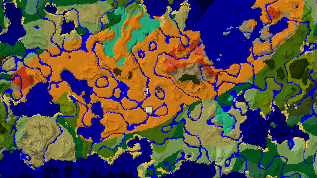 A 2D top-down biome map centered on spawn, showing desert, river, and badlands biomes, with markers for a village and a desert pyramid.