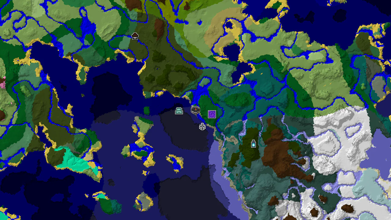 A top-down 2D biome map centered on spawn, showing plains and ocean biomes with markers for structures.