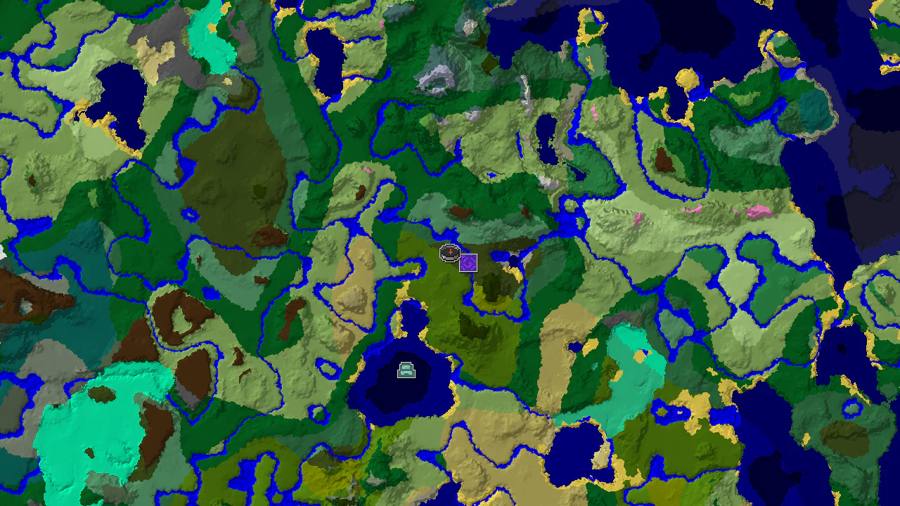A 2D top-down biome map centered on the spawn point, with markers for a Ruined Portal to the east and an Ocean Monument to the west.