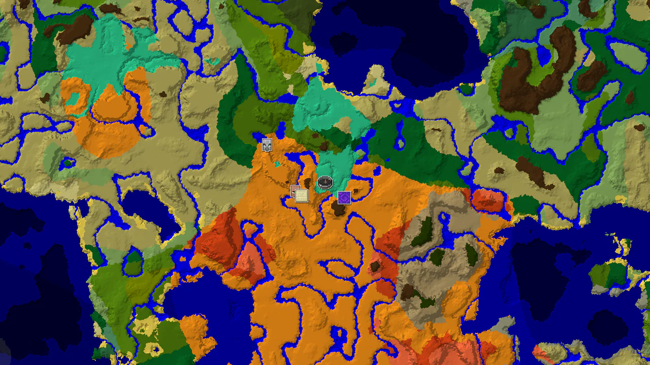 A top-down 2D biome map centered on the spawn point, showing nearby structures like a Desert Pyramid and a Ruined Portal.