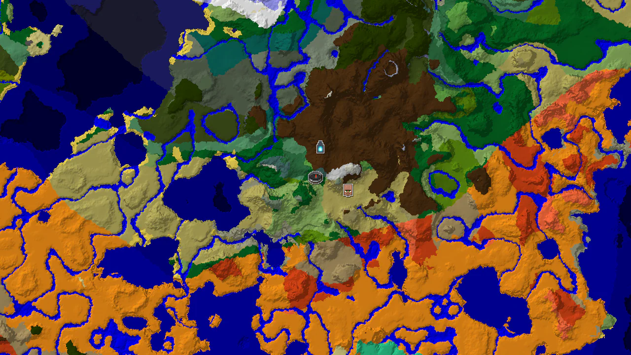 A top-down 2D map of Minecraft seed 5438593120238870443, centered on the forest spawn with markers for an ancient city and village.