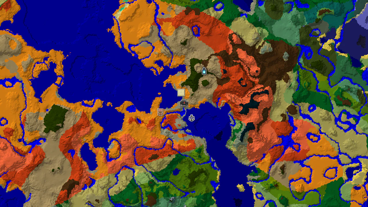 A top-down 2D biome map centered on spawn, showing Wooded Badlands, Desert, and Warm Ocean, with markers for a Desert Pyramid, Shipwreck, Village, and Ancient City.