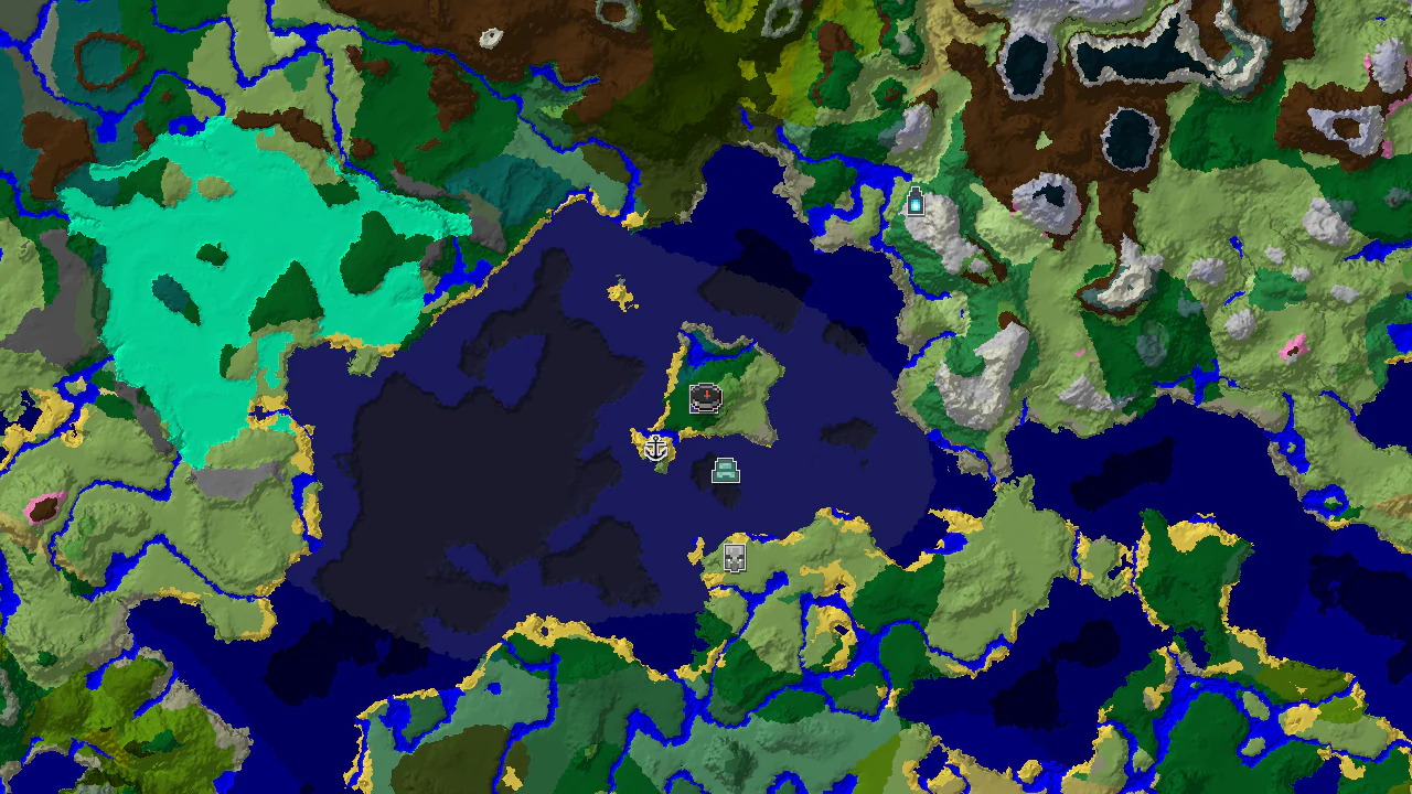 A 2D top-down biome map centered on the spawn point, showing nearby forest, cold ocean, and plains biomes, with markers for a ruined portal, shipwreck, and ocean monument.