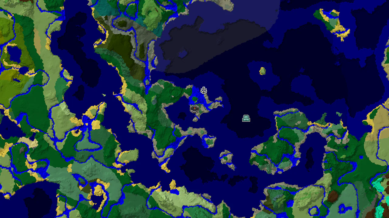 A 2D biome map centered on the spawn point, marked, with markers for a shipwreck and an ocean monument.