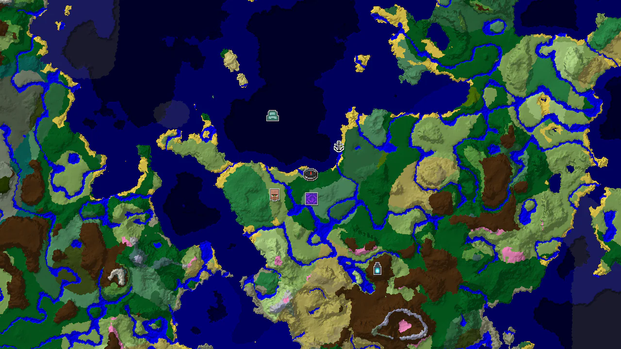 A 2D top-down biome map centered on spawn, showing forest, ocean, and river biomes, with markers for a ruined portal and a village.