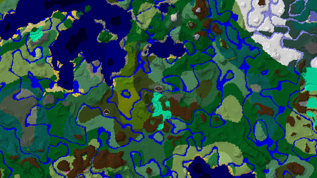A 2D top-down biome map centered on spawn, showing a large Dark Forest and Birch Forest area with a Woodland Mansion marker to the northwest.