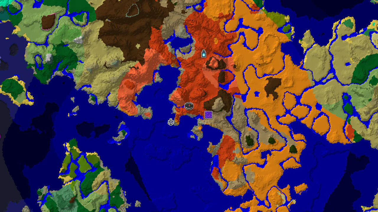 A 2D biome map centered on spawn, showing a large Badlands biome, nearby Eroded Badlands, and markers for a Ruined Portal and a Shipwreck.