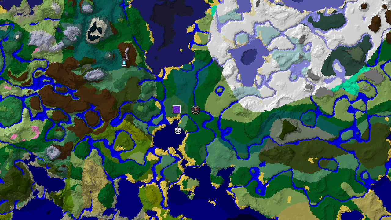 A 2D biome map centered on spawn, showing a forest biome at the spawn point, with markers for a nearby Ruined Portal and a Shipwreck, and a distant Ancient City.