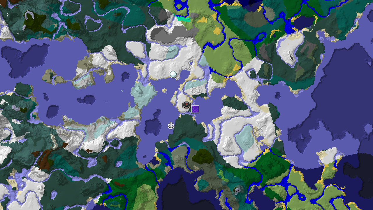 A 2D biome map centered on spawn, showing a large area of snowy biomes, frozen ocean, and markers for a ruined portal and shipwreck.