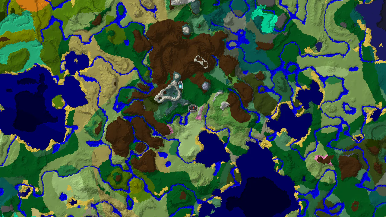 A top-down 2D biome map centered on spawn, showing a spawn marker and markers for an Ancient City and a Stronghold.