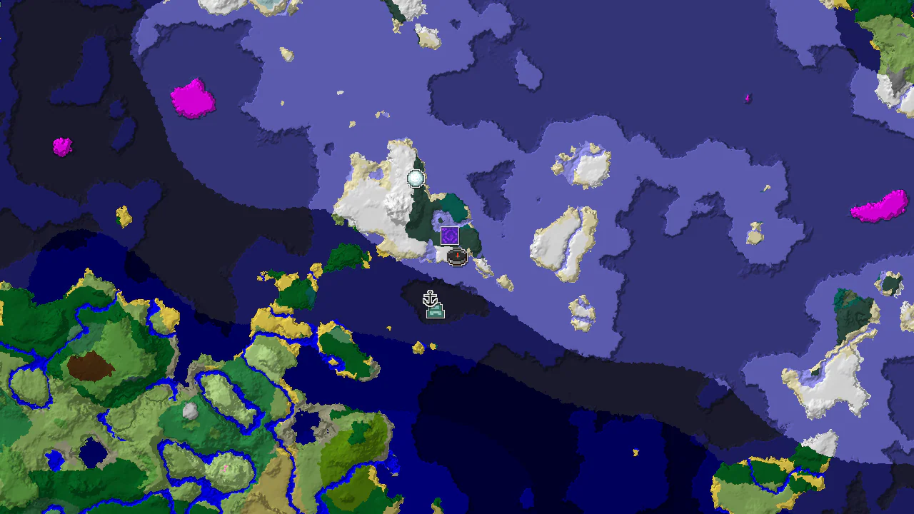 A 2D biome map centered on the spawn point, showing snowy plains, frozen ocean, and markers for nearby structures.