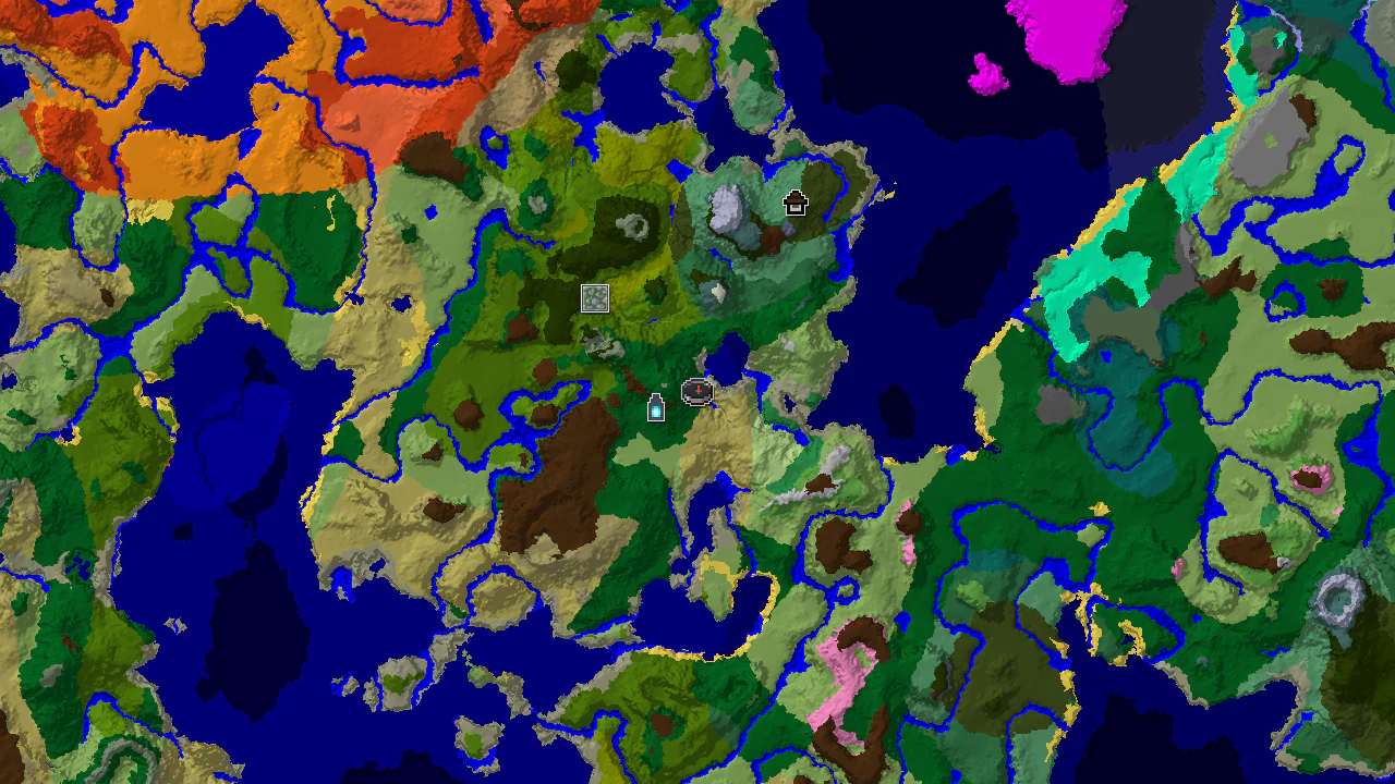 A 2D top-down biome map centered on the spawn point, showing Forest, Savanna, Lukewarm Ocean, and markers for an Ancient City and Jungle Temple.