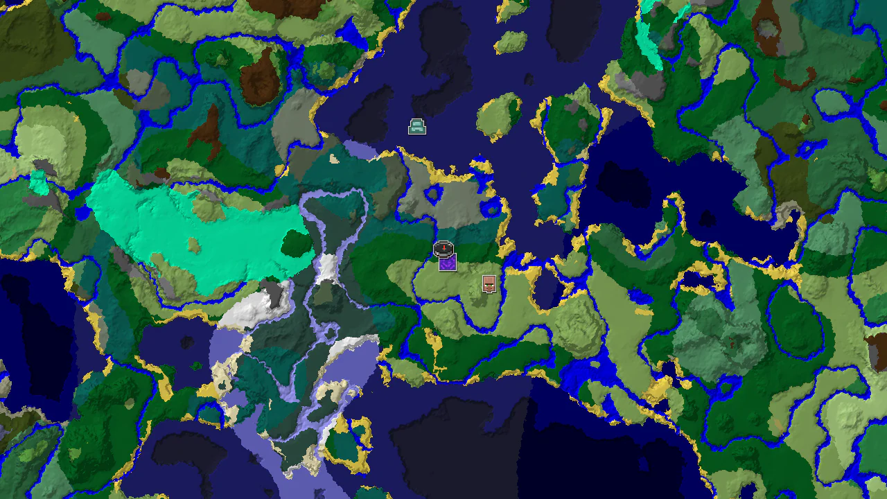 A 2D biome map centered on spawn, showing forest, taiga, and cold ocean biomes, with markers for a Ruined Portal, Village, and Ocean Monument.