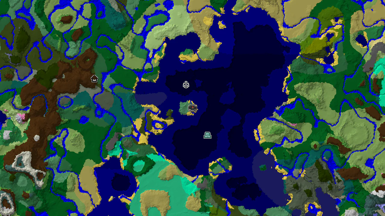 A 2D biome map centered on the spawn point, showing nearby oceans, rivers, and forests, with markers for a shipwreck and an ocean monument.