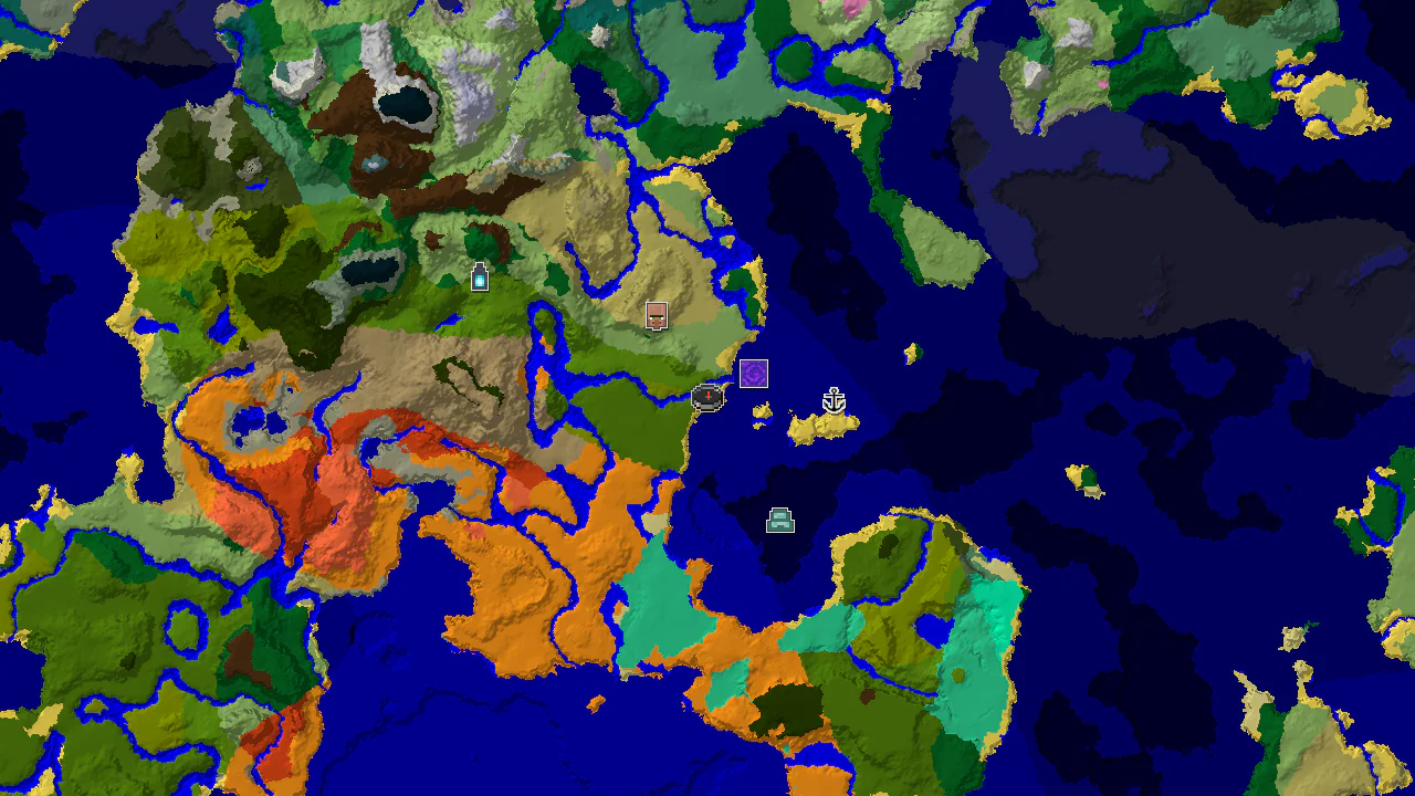 A 2D biome map centered on the spawn point, showing nearby biomes and markers for a Ruined Portal, Village, and Shipwreck.