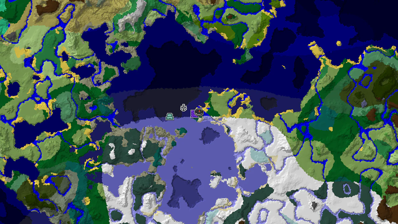 A 2D biome map centered on the Taiga spawn, showing nearby Cold and Frozen Oceans, a Ruined Portal, a Shipwreck, and an Ocean Monument.