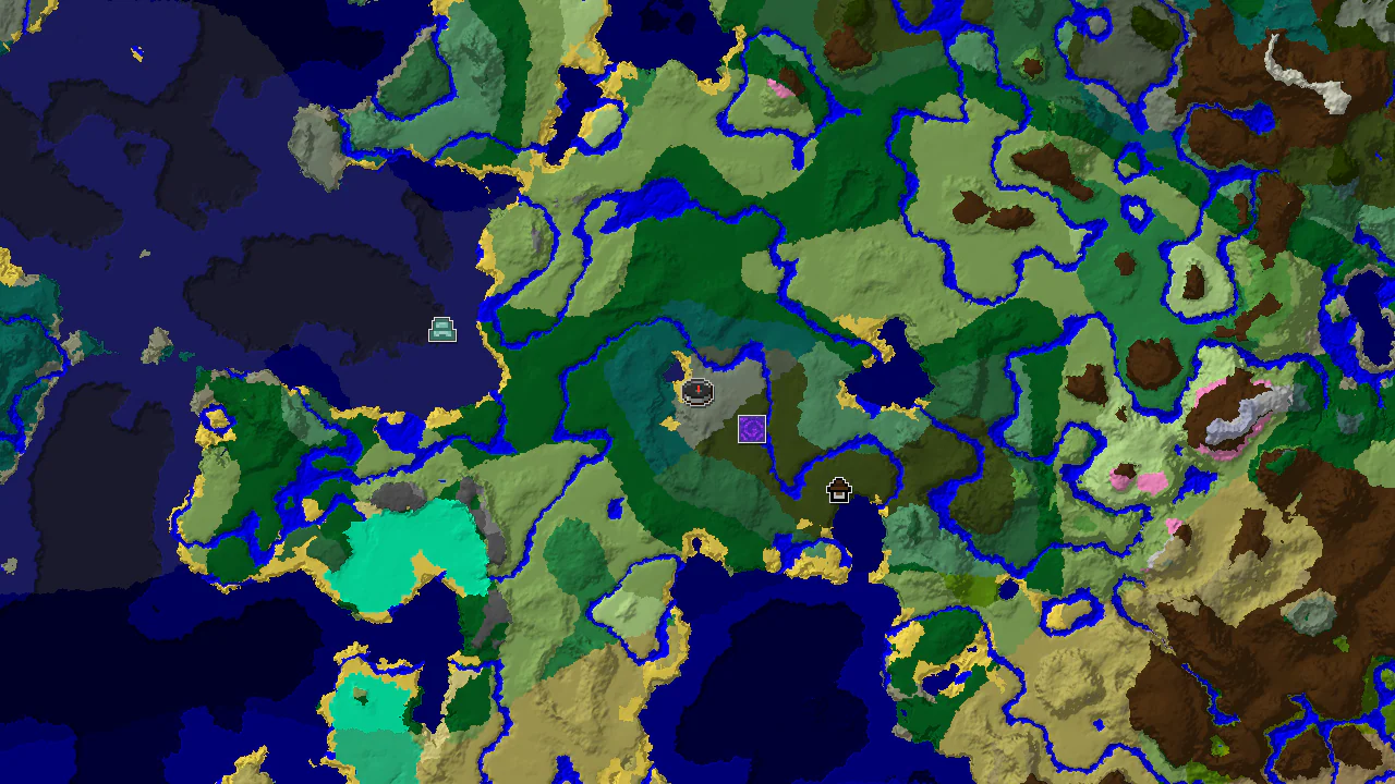 A 2D map centered on spawn, showing Old Growth Spruce Taiga, Birch Forest, and Plains biomes, with markers for a Ruined Portal and Woodland Mansion.
