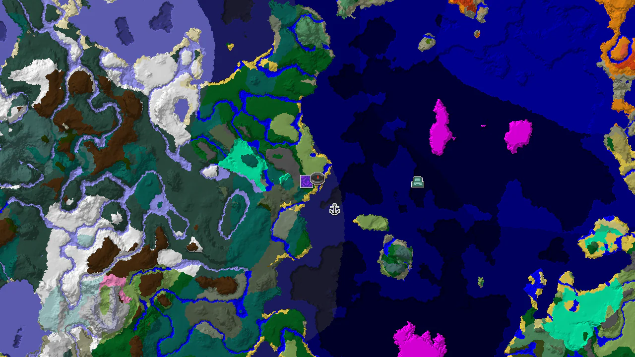 A 2D top-down biome map centered on the spawn point, showing nearby biomes and markers for structures.