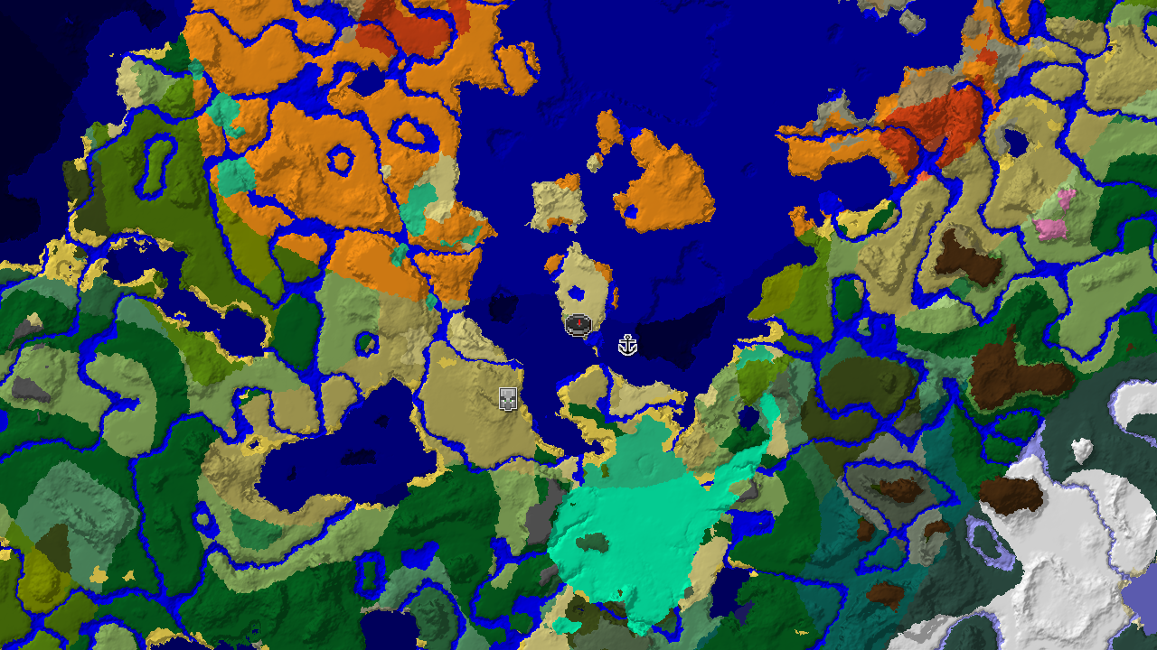 A 2D top-down biome map centered on spawn, showing various ocean and savanna biomes, with markers for spawn and a shipwreck.