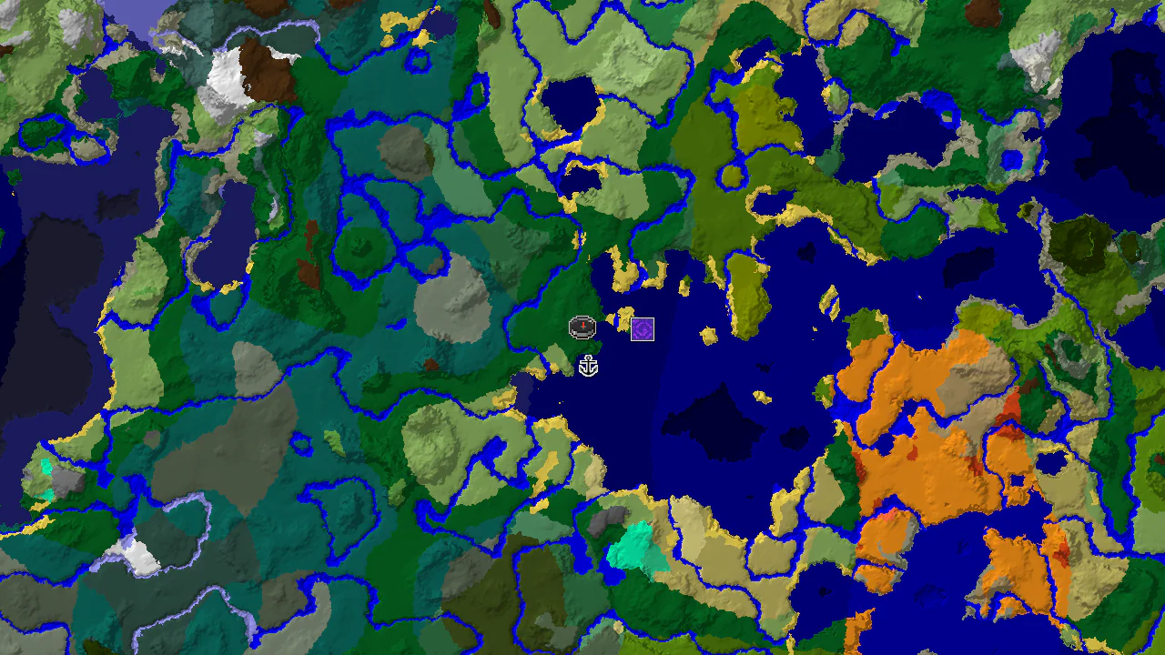 A top-down 2D biome map centered on the spawn point, showing nearby forest, ocean, and plains biomes, with markers for a shipwreck and ruined portal.