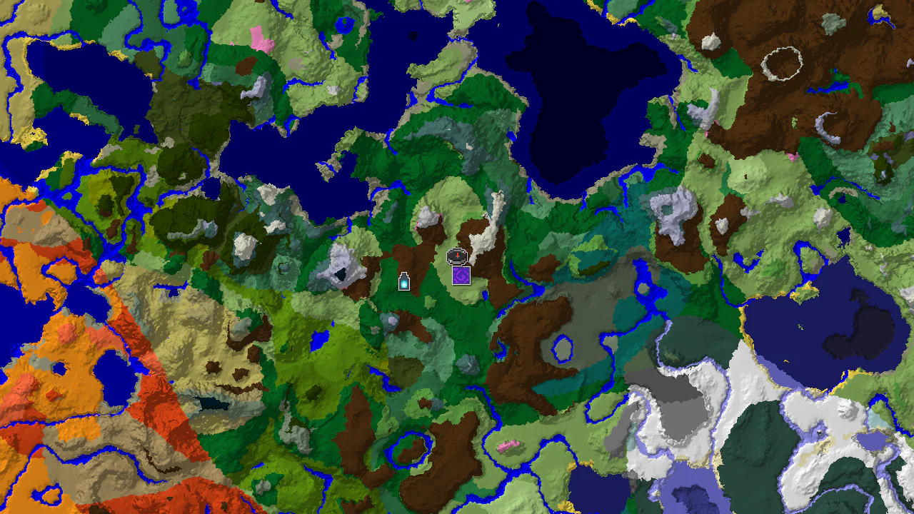 A 2D biome map centered on spawn, showing plains, forests, and snowy slopes, with markers for a ruined portal and an ancient city.
