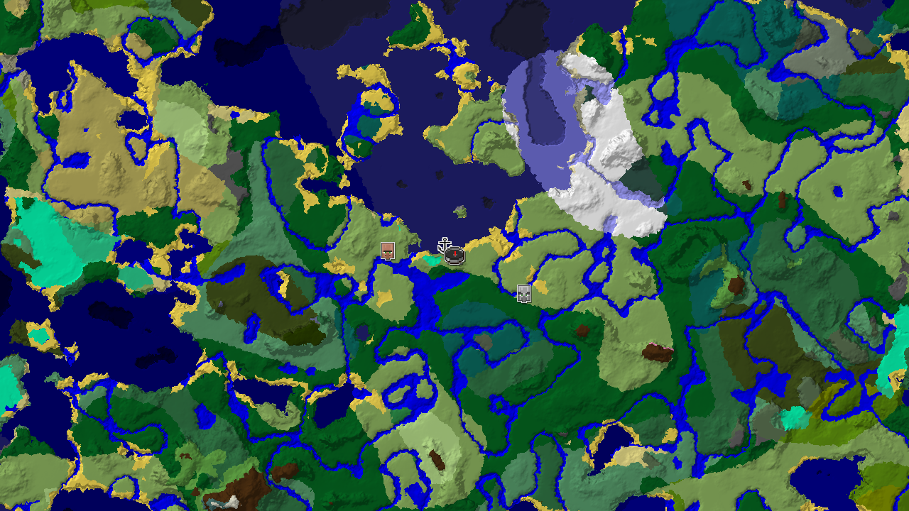 A top-down 2D biome map centered on spawn, showing plains, forest, and ocean biomes with markers for a nearby shipwreck and a distant village.