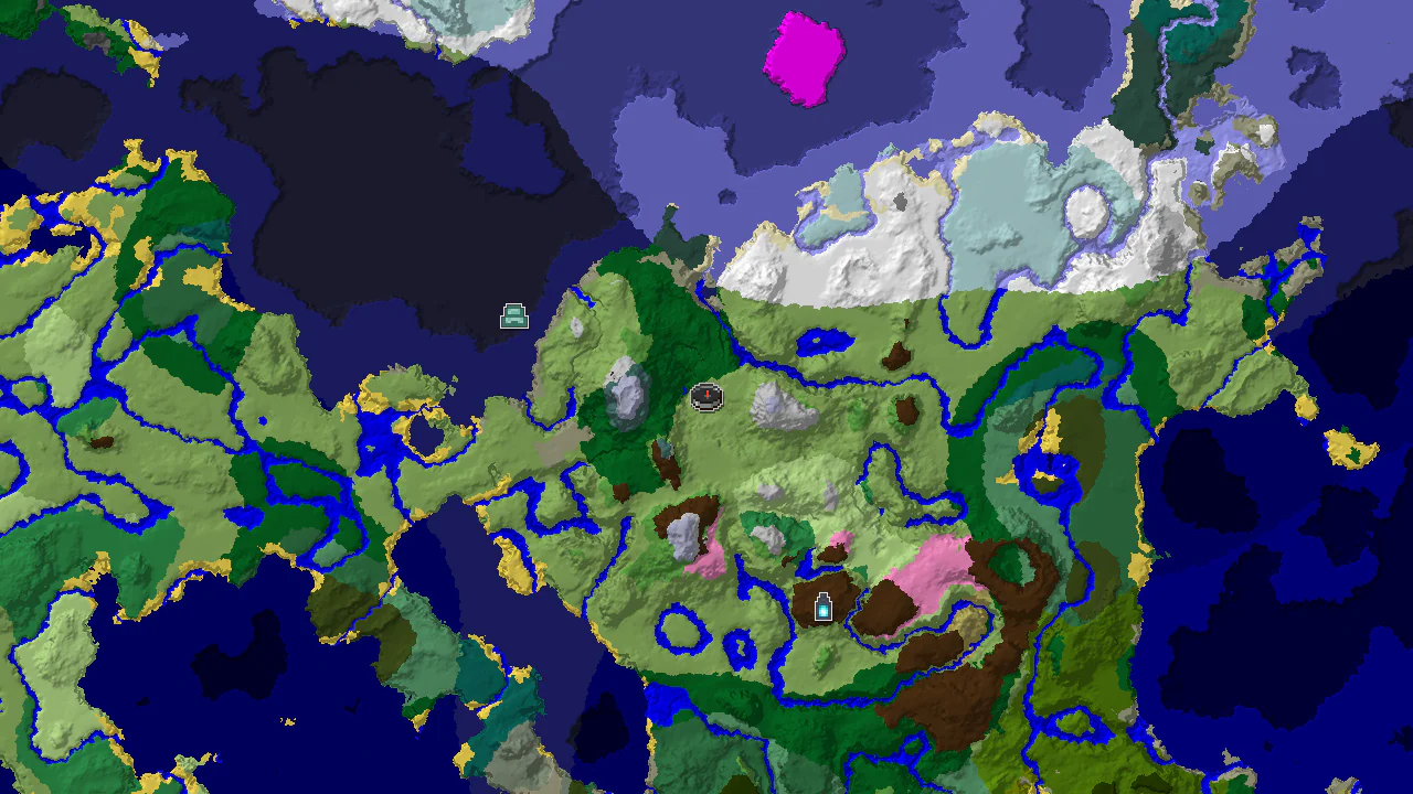 A top-down 2D biome map centered on the spawn point, showing the surrounding Plains, Forest, River, and various snowy biomes, with markers for an Ancient City and Ocean Monument.