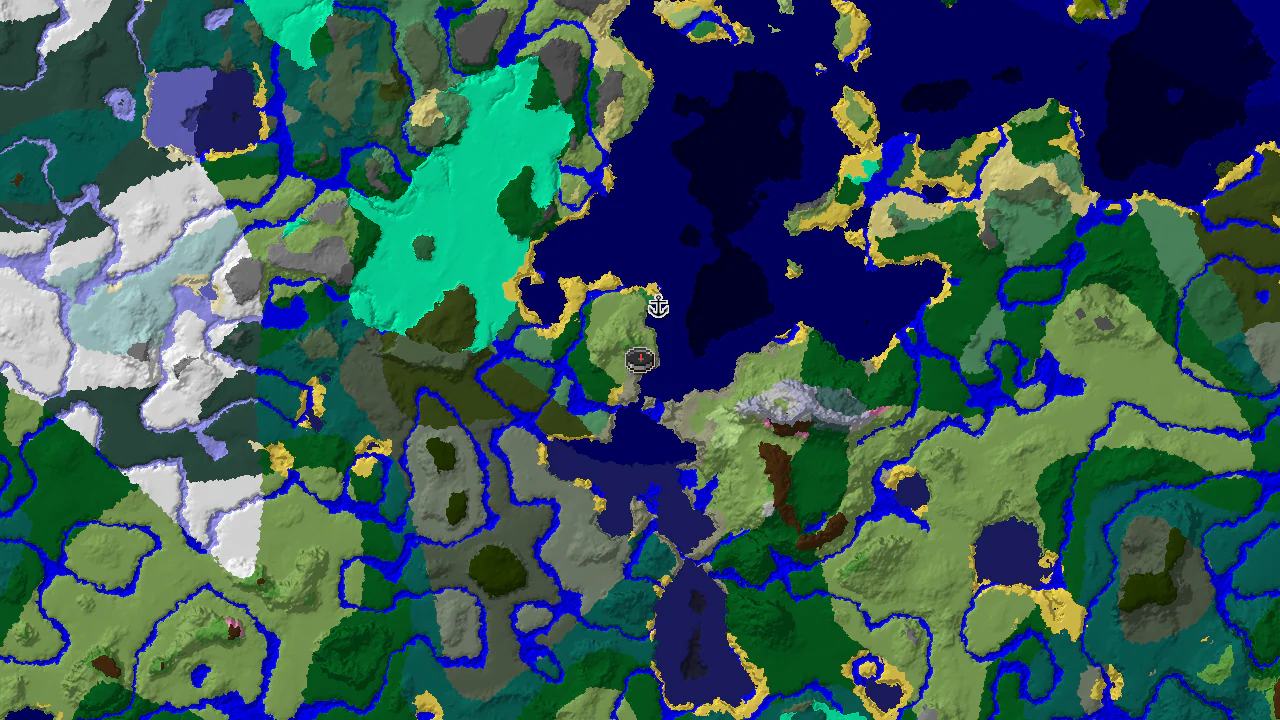 A top-down 2D biome map centered on spawn, showing plains, ocean, and forest biomes, with markers for the spawn point and a shipwreck.