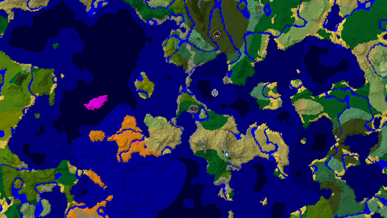 A 2D biome map centered on the spawn point, showing nearby forest, ocean, and savanna areas, with markers for a shipwreck, woodland mansion, and ancient city.