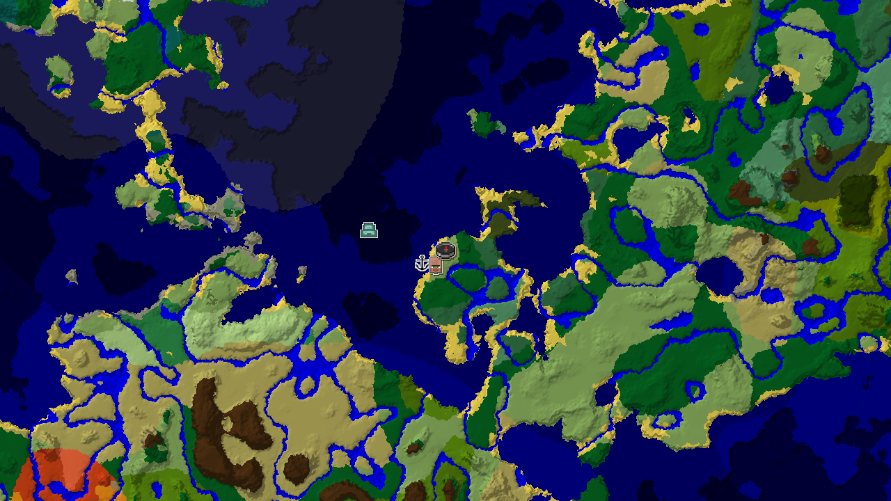 A 2D biome map centered on the spawn point, showing Plains, Ocean, and Forest biomes, with markers for a village and shipwreck.