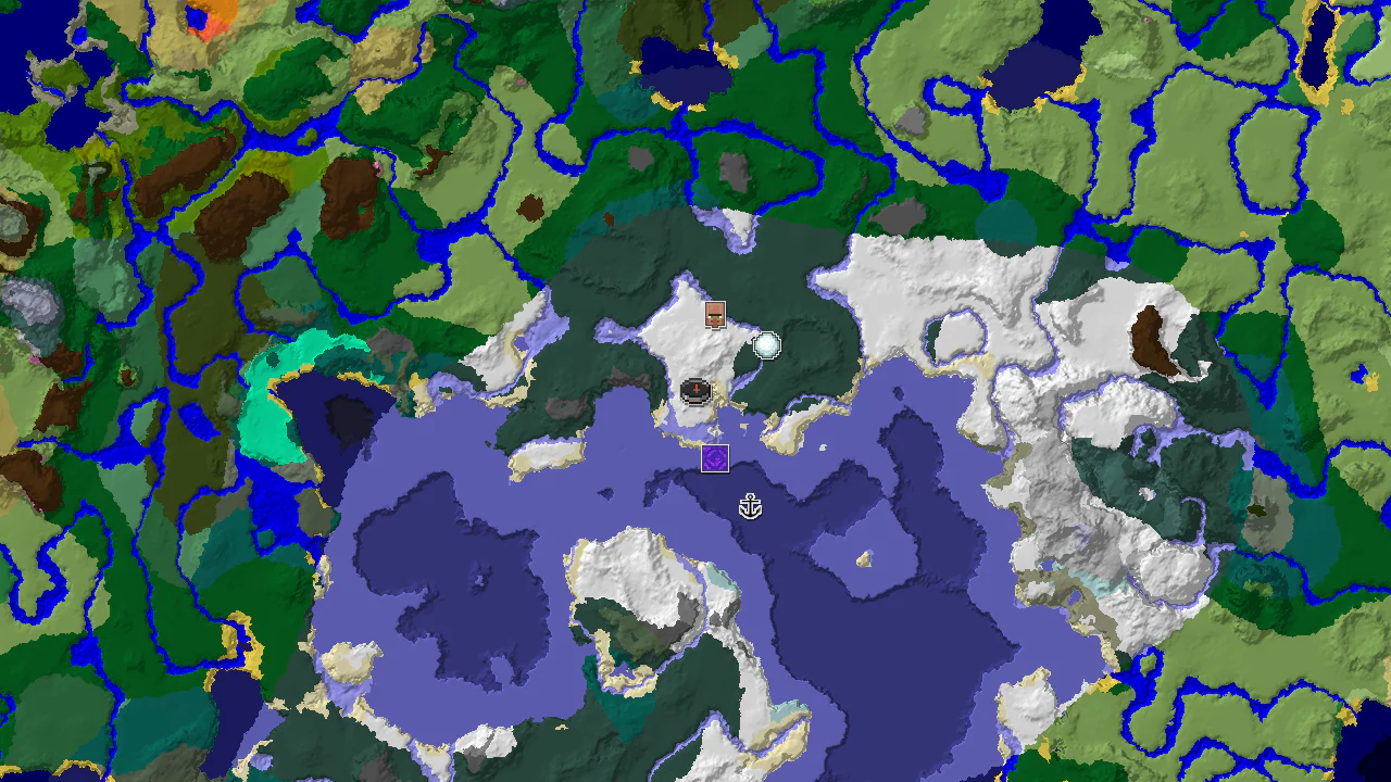 A top-down 2D biome map centered on spawn, showing snowy biomes, a village, and a ruined portal.