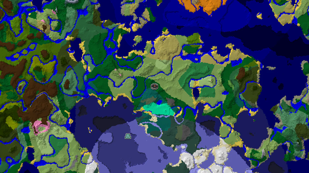 A top-down 2D biome map centered on spawn, showing a diverse landscape and an Ocean Monument marker.