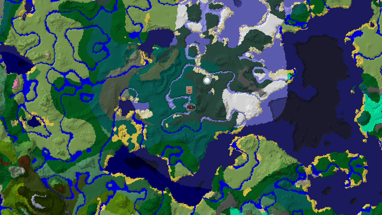 A 2D biome map centered on the spawn point, showing taiga, frozen river, and snowy taiga biomes, with markers for a village and igloo.
