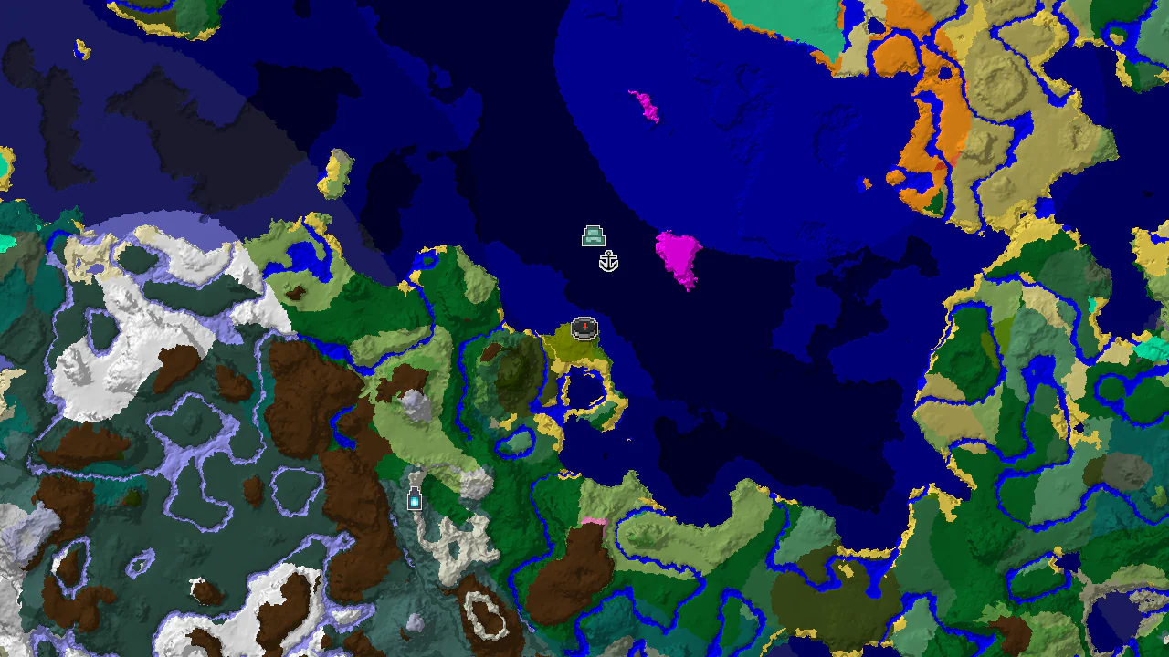 A 2D biome map centered on the spawn point in a bamboo jungle, showing nearby ocean biomes and markers for a shipwreck and ocean monument.