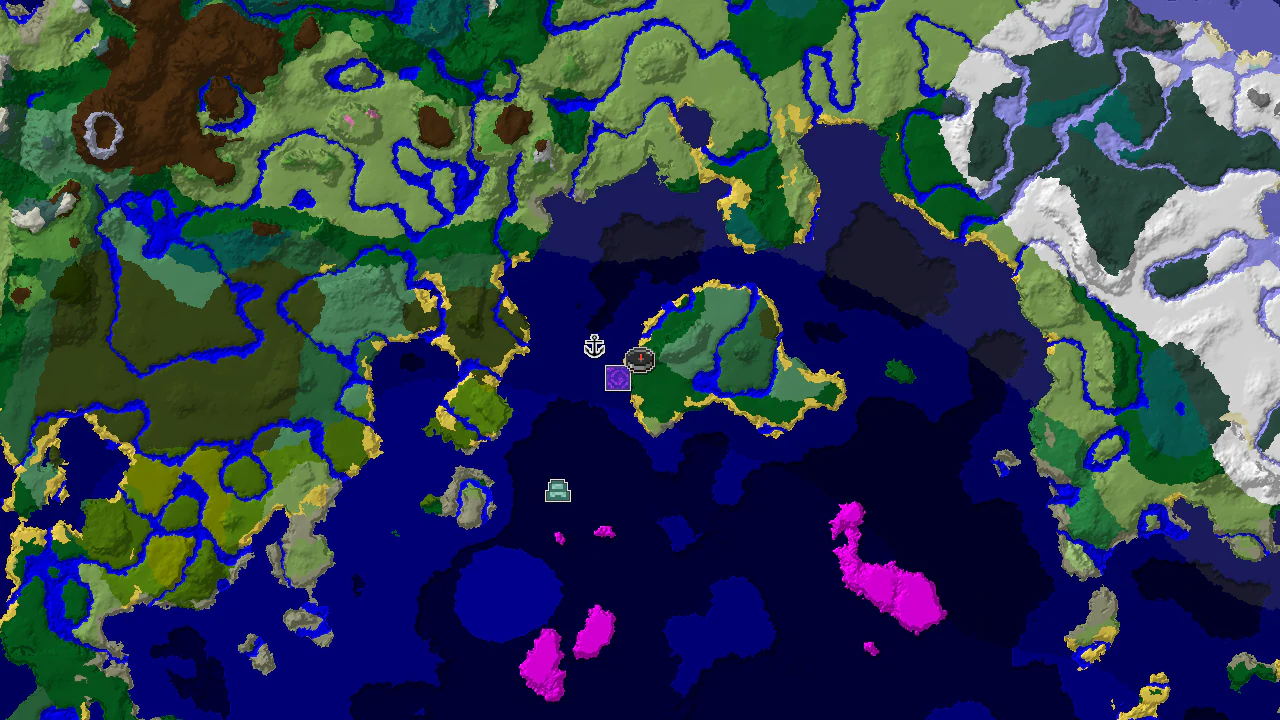A 2D biome map centered on spawn, showing forest, ocean, and various other biomes, with markers for a ruined portal, shipwreck, and ocean monument.