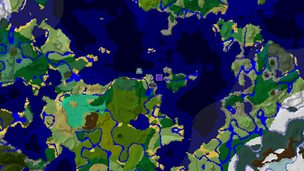 A top-down 2D biome map centered on the spawn point, showing Savanna, Ocean, and Jungle biomes, with markers for a Shipwreck, Ruined Portal, and Ocean Monument.