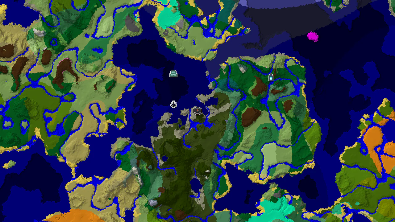 A top-down 2D biome map centered on spawn, showing a stony shore at spawn, surrounded by ocean and dark forest, with markers for a shipwreck and ocean monument.