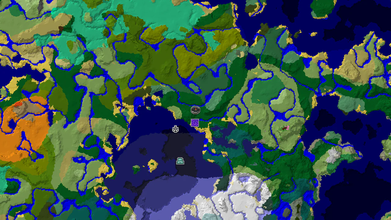 A 2D biome map centered on spawn, showing forest, river, and ocean biomes, with markers for a ruined portal and a shipwreck.