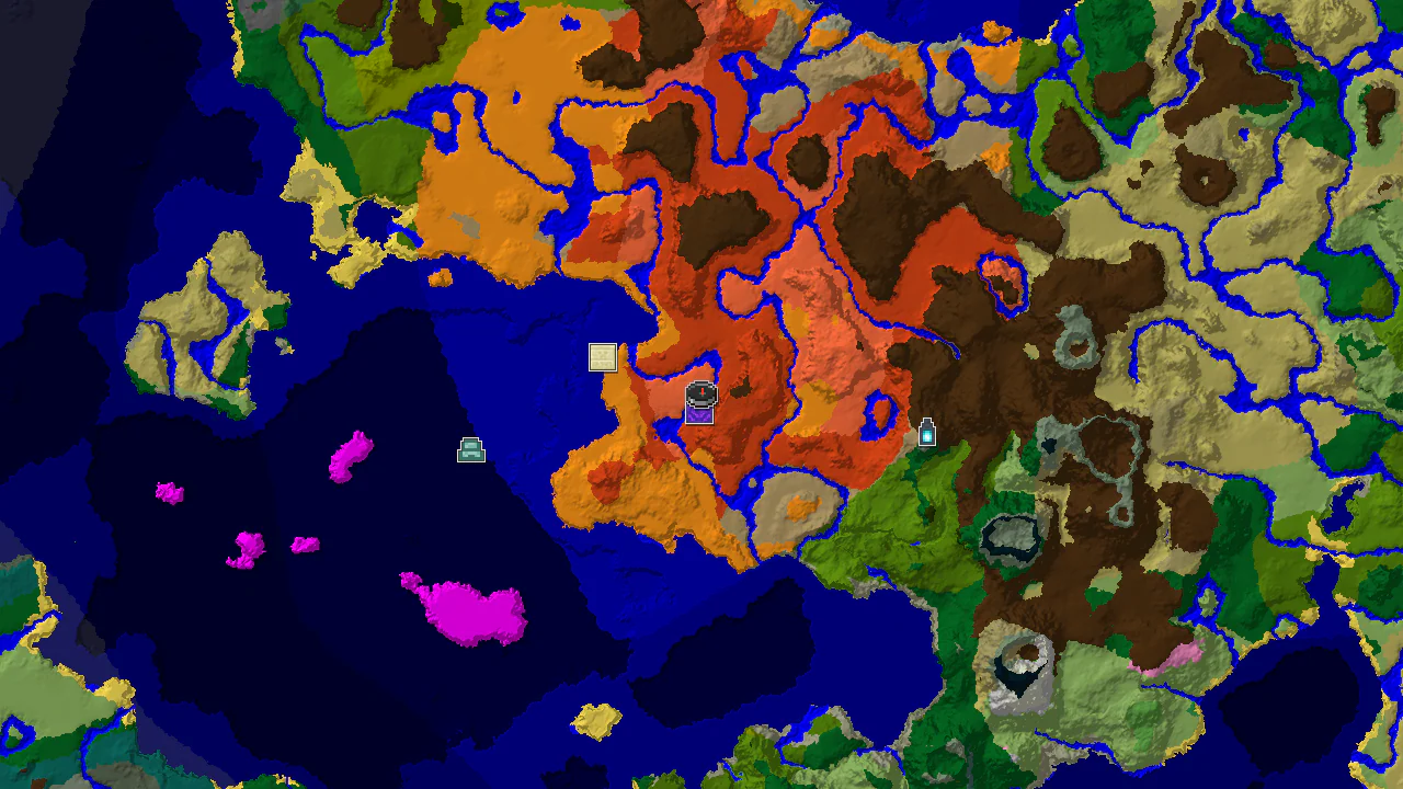 A 2D top-down biome map centered on spawn, showing badlands biomes, desert, and oceans, with markers for structures.