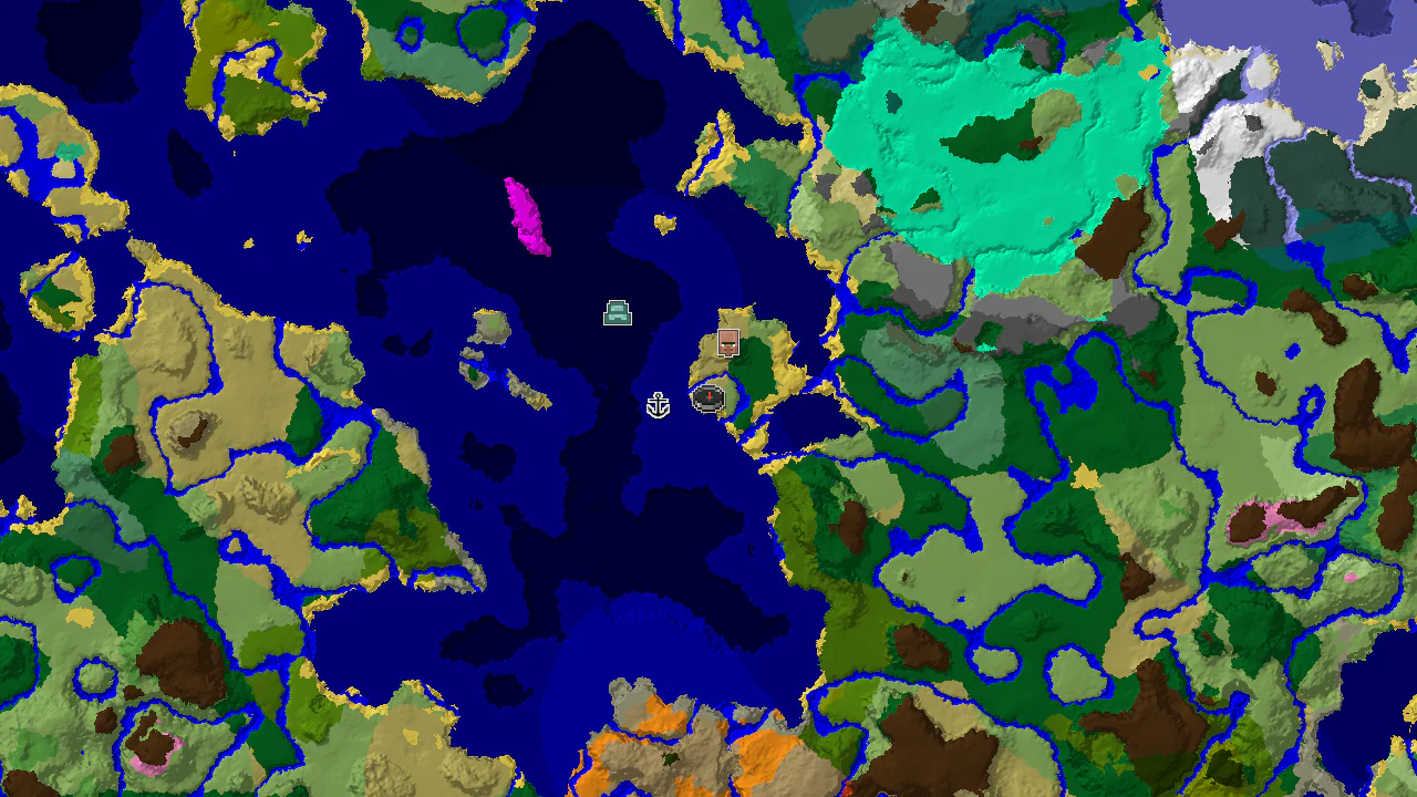 A top-down 2D biome map centered on spawn, showing a Beach spawn point, a village to the north-east, and a shipwreck to the west.