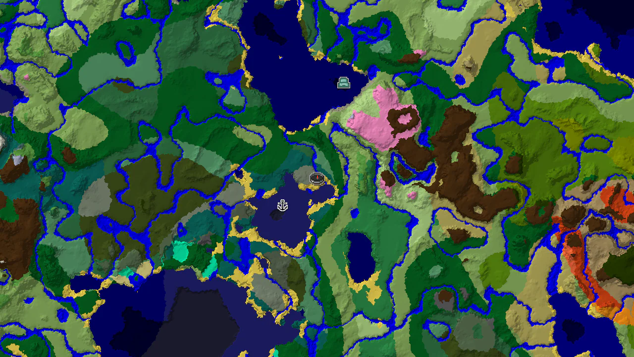 A top-down 2D biome map centered on spawn, showing various biomes and markers for a shipwreck and ocean monument.