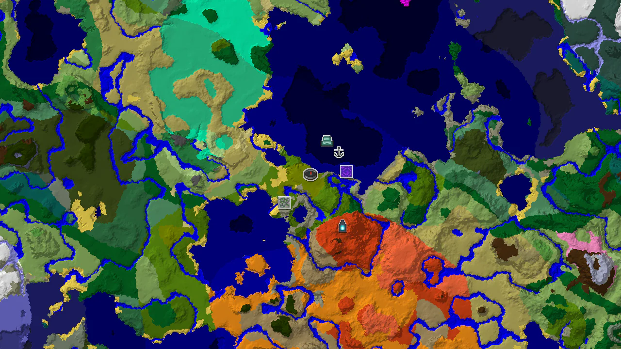 A 2D biome map centered on the Bamboo Jungle spawn point, showing nearby oceans, rivers, and marked structures like a Ruined Portal, Shipwreck, Ocean Monument, and Jungle Temple.