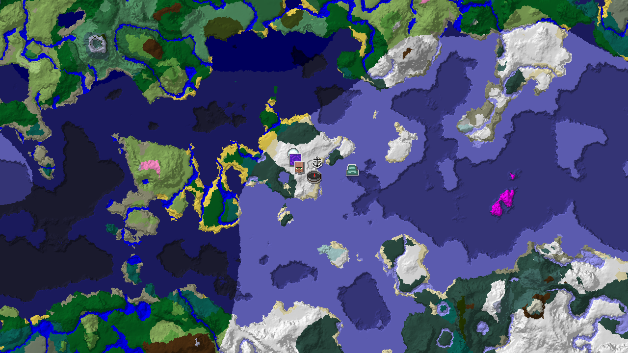A top-down 2D biome map centered on spawn, showing a large frozen ocean with snowy plains and other cold biomes surrounding the spawn marker, along with markers for a village, shipwreck, and ruined portal.