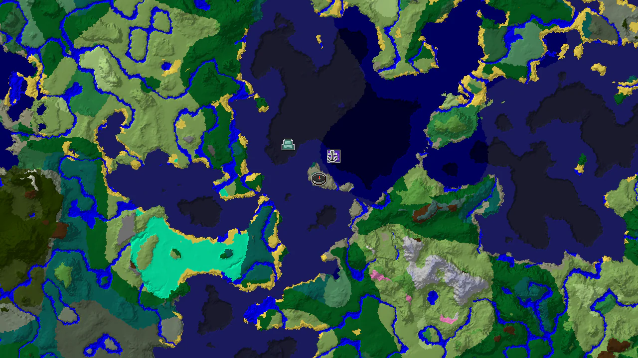 A 2D biome map centered on the spawn point, showing Old Growth Spruce Taiga, Cold Ocean, and various other biomes, with markers for a Ruined Portal, Shipwreck, and Ocean Monument.