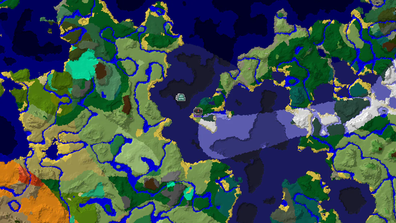 A 2D top-down biome map centered on spawn, showing a large Cold Ocean to the west with an Ocean Monument marker, and a Ruined Portal marker just north of spawn in a Forest biome.