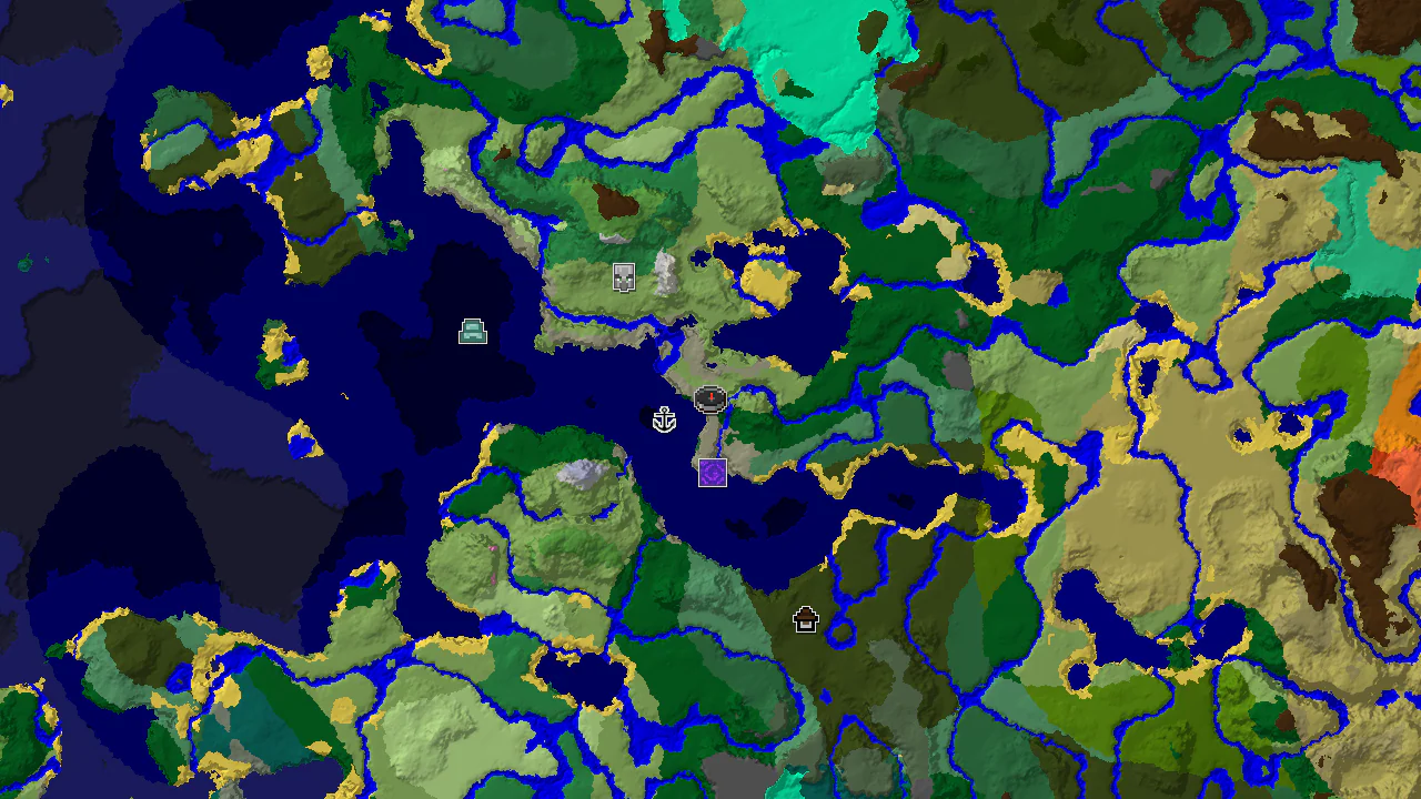 A 2D biome map centered on spawn, showing plains, ocean, and forest biomes, with markers for a shipwreck and woodland mansion.